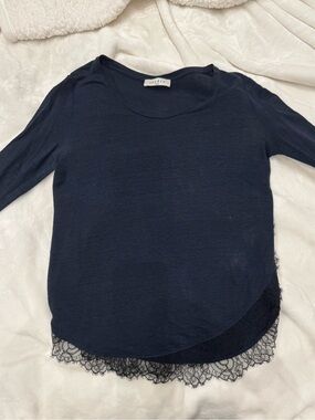 Sandro Navy Lace Hem Long Sleeve Top